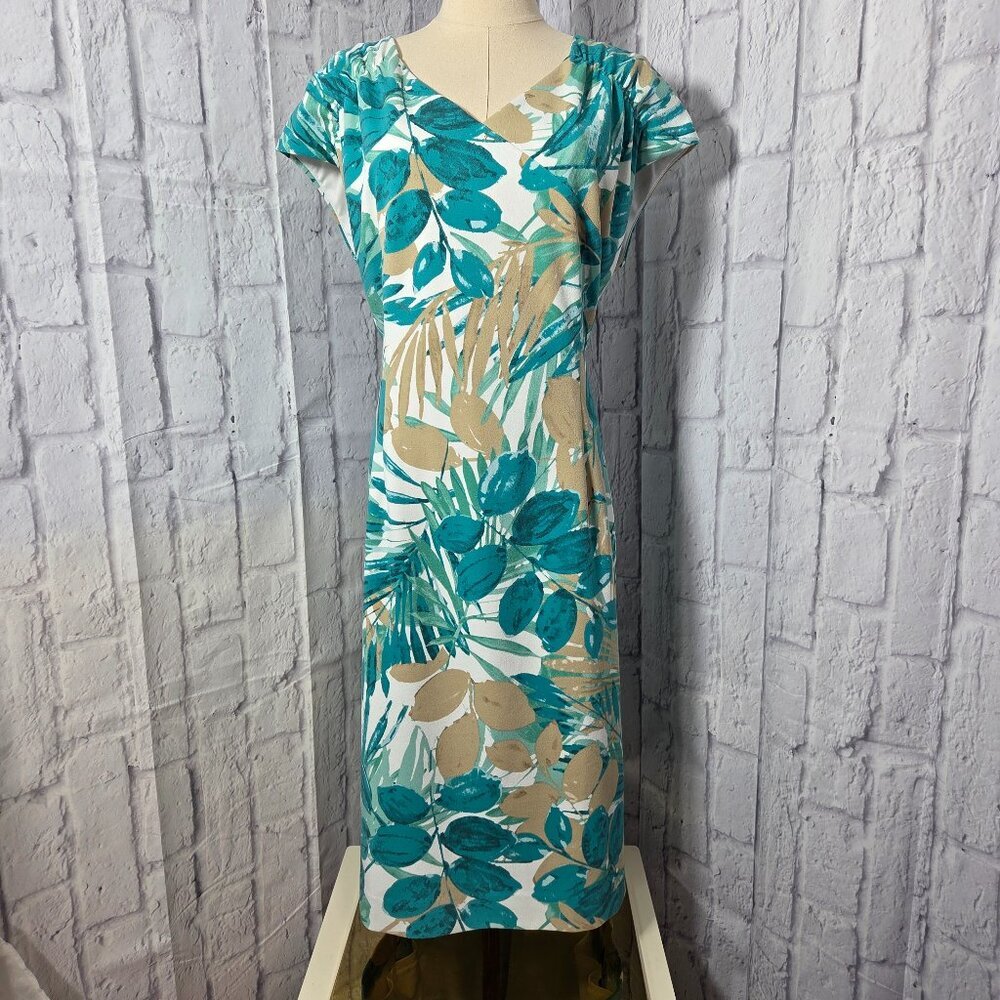 Preston & York Size 18 Teal Beige Palm Leaf Cap Sleeve Knee Length Shift Dress